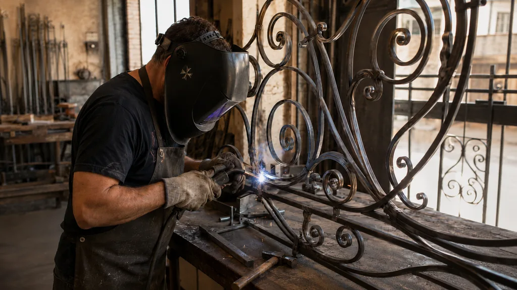 Craftsperson welding decorative wrought-iron railing in a workshop